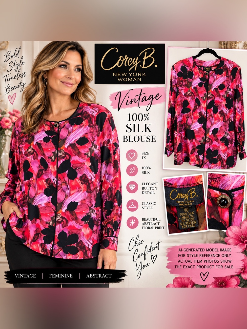 VINTAGE COREY B. NEW YORK WOMAN 100% SILK BLOUSE • 1X